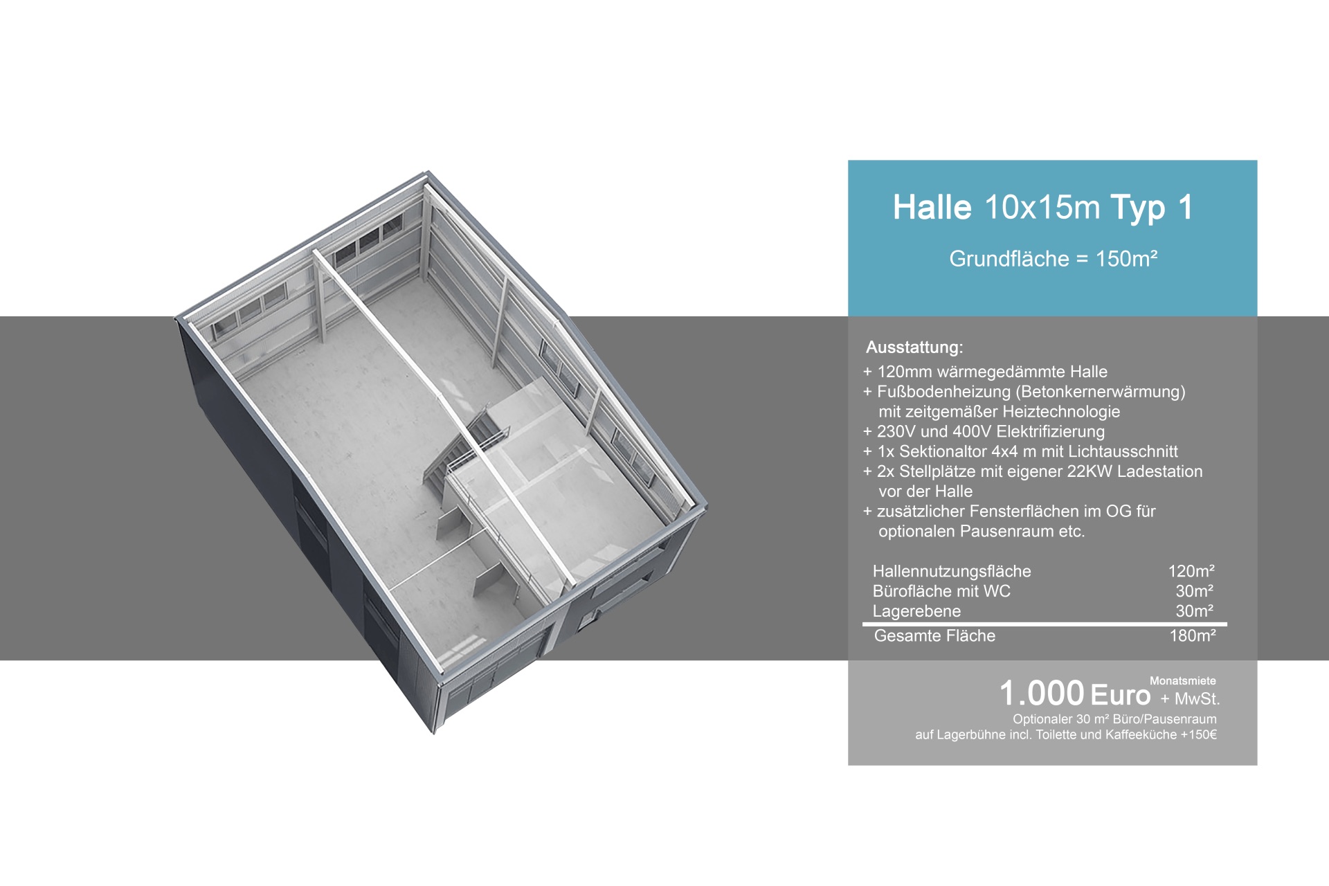 3D-Ansicht Gewerbeeinheit Typ 1 mit Halle, Büro und Lagerebene